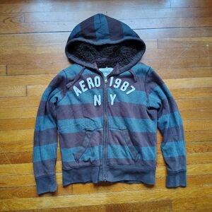 Y2K Aeropostale Fur Lined Graphic Hoodie Zip Up Sweatshirt Jacket Mens Medium